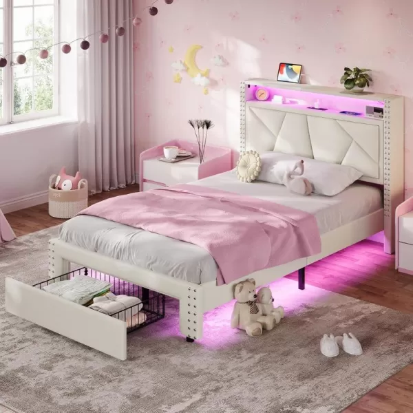 imageVIAGDO Twin Bed Frames with Shelf Headboard and 2 Storage Drawers Upholstered Platform Bed Frame Twin Size with Charging Station and LED Lights LED Twin Bed Frame No Box Spring Needed Cream WhiteCream White
