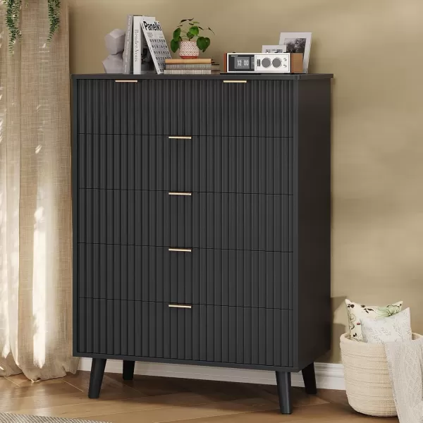 imageVIAGDO Fluted Dresser for Bedroom with 7 Drawers 472 Wide Mid Century Modern Fluted Dressers ampamp Chests of Drawers with Gold Metal Handles Black Organizer Storage Cabinet for Closet EntrywayBlack