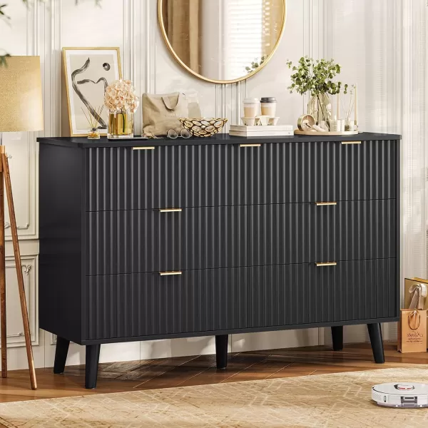 imageVIAGDO Fluted Dresser for Bedroom with 7 Drawers 472 Wide Mid Century Modern Fluted Dressers ampamp Chests of Drawers with Gold Metal Handles Black Organizer Storage Cabinet for Closet EntrywayBlack