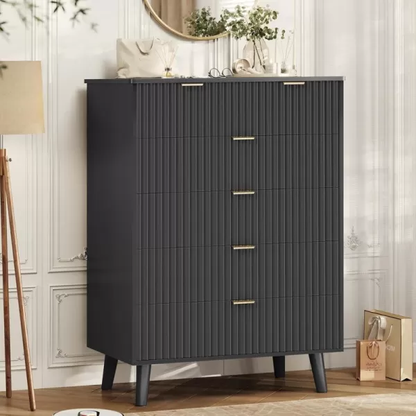 imageVIAGDO Fluted Dresser for Bedroom with 7 Drawers 472 Wide Mid Century Modern Fluted Dressers ampamp Chests of Drawers with Gold Metal Handles Black Organizer Storage Cabinet for Closet EntrywayBlack