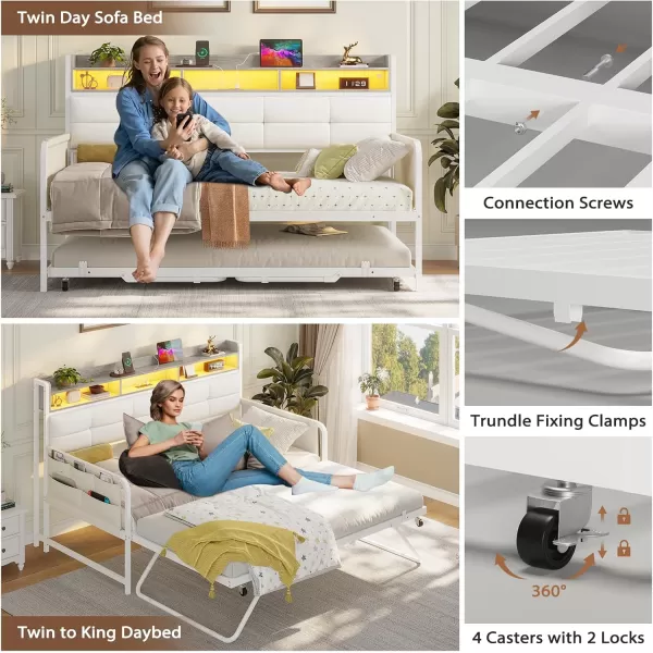 imageVIAGDO Daybed with Trundle Twin Day Bed with Upholstered Headboard and Charging Station Metal Day Bed Frame Twin with Storage and LED Lights Twin to King Daybed for Living Room Bedroom WhiteWhite