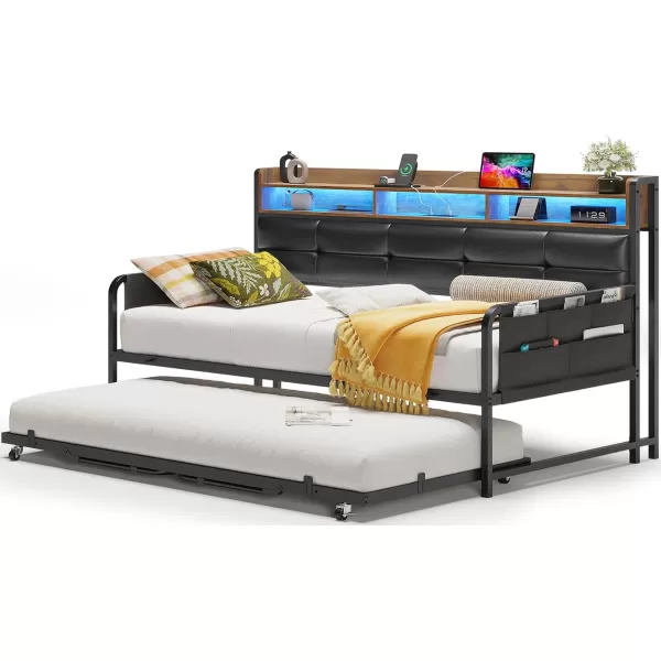 imageVIAGDO Daybed with Trundle Twin Day Bed with Upholstered Headboard and Charging Station Metal Day Bed Frame Twin with Storage and LED Lights Twin to King Daybed for Living Room Bedroom WhiteBlack