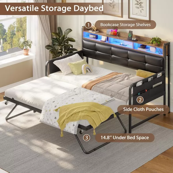 imageVIAGDO Daybed with Trundle Twin Day Bed with Upholstered Headboard and Charging Station Metal Day Bed Frame Twin with Storage and LED Lights Twin to King Daybed for Living Room Bedroom WhiteBlack