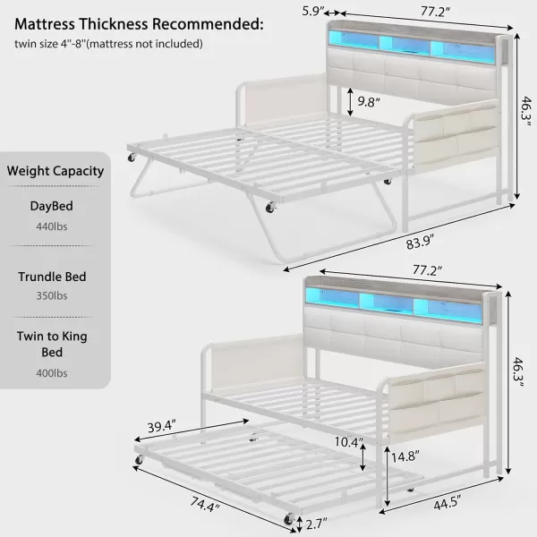 imageVIAGDO Daybed with Trundle Twin Day Bed with Upholstered Headboard and Charging Station Metal Day Bed Frame Twin with Storage and LED Lights Twin to King Daybed for Living Room Bedroom WhiteWhite