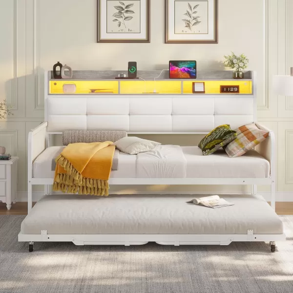 imageVIAGDO Daybed with Trundle Twin Day Bed with Upholstered Headboard and Charging Station Metal Day Bed Frame Twin with Storage and LED Lights Twin to King Daybed for Living Room Bedroom WhiteWhite