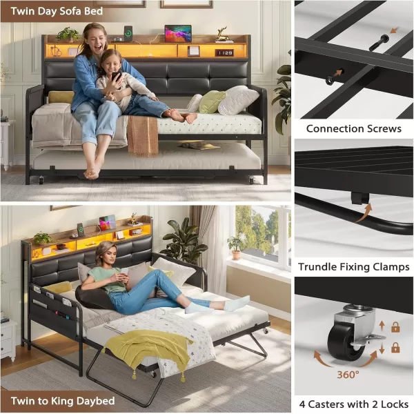 imageVIAGDO Daybed with Trundle Twin Day Bed with Upholstered Headboard and Charging Station Metal Day Bed Frame Twin with Storage and LED Lights Twin to King Daybed for Living Room Bedroom WhiteBlack