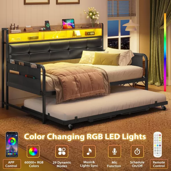 imageVIAGDO Daybed with Trundle Twin Day Bed with Upholstered Headboard and Charging Station Metal Day Bed Frame Twin with Storage and LED Lights Twin to King Daybed for Living Room Bedroom WhiteBlack