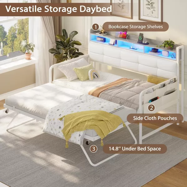 imageVIAGDO Daybed with Trundle Twin Day Bed with Upholstered Headboard and Charging Station Metal Day Bed Frame Twin with Storage and LED Lights Twin to King Daybed for Living Room Bedroom WhiteWhite