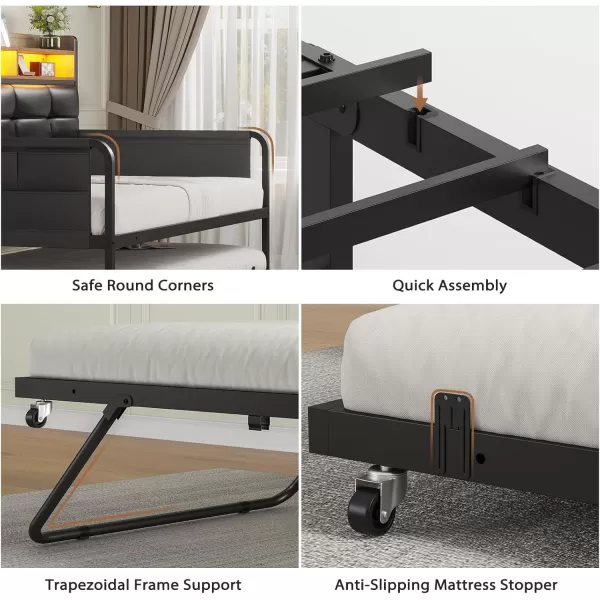 imageVIAGDO Daybed with Trundle Twin Day Bed with Upholstered Headboard and Charging Station Metal Day Bed Frame Twin with Storage and LED Lights Twin to King Daybed for Living Room Bedroom WhiteBlack