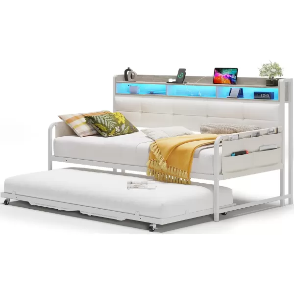 imageVIAGDO Daybed with Trundle Twin Day Bed with Upholstered Headboard and Charging Station Metal Day Bed Frame Twin with Storage and LED Lights Twin to King Daybed for Living Room Bedroom WhiteWhite