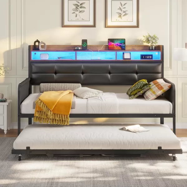 imageVIAGDO Daybed with Trundle Twin Day Bed with Upholstered Headboard and Charging Station Metal Day Bed Frame Twin with Storage and LED Lights Twin to King Daybed for Living Room Bedroom WhiteBlack