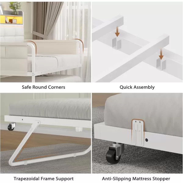 imageVIAGDO Daybed with Trundle Twin Day Bed with Upholstered Headboard and Charging Station Metal Day Bed Frame Twin with Storage and LED Lights Twin to King Daybed for Living Room Bedroom WhiteWhite