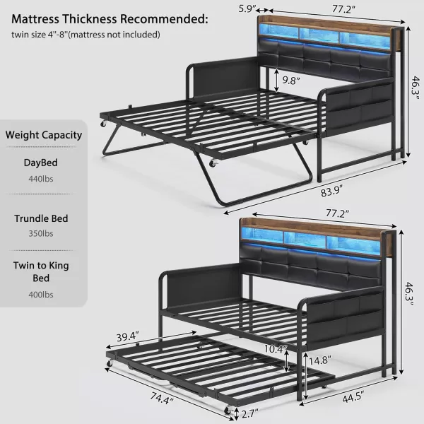 imageVIAGDO Daybed with Trundle Twin Day Bed with Upholstered Headboard and Charging Station Metal Day Bed Frame Twin with Storage and LED Lights Twin to King Daybed for Living Room Bedroom WhiteBlack