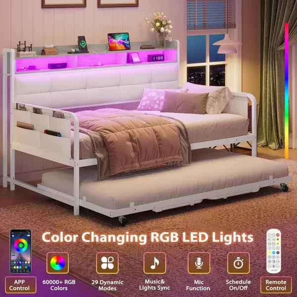 imageVIAGDO Daybed with Trundle Twin Day Bed with Upholstered Headboard and Charging Station Metal Day Bed Frame Twin with Storage and LED Lights Twin to King Daybed for Living Room Bedroom WhiteWhite