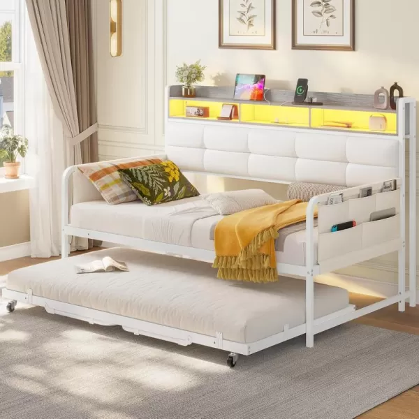 imageVIAGDO Daybed with Trundle Twin Day Bed with Upholstered Headboard and Charging Station Metal Day Bed Frame Twin with Storage and LED Lights Twin to King Daybed for Living Room Bedroom WhiteWhite
