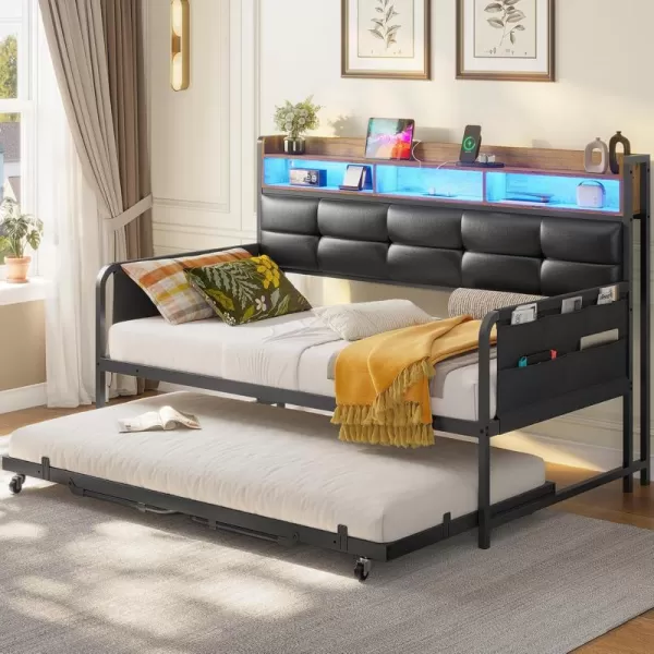 imageVIAGDO Daybed with Trundle Twin Day Bed with Upholstered Headboard and Charging Station Metal Day Bed Frame Twin with Storage and LED Lights Twin to King Daybed for Living Room Bedroom WhiteBlack