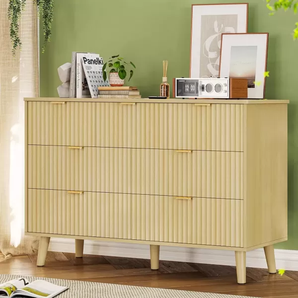 imageVIAGDO Fluted Dresser for Bedroom with 7 Drawers 472 Wide Mid Century Modern Fluted Dressers ampamp Chests of Drawers with Gold Metal Handles Natural Oak Organizer Storage Cabinet for Closet EntrywayNatural Oak