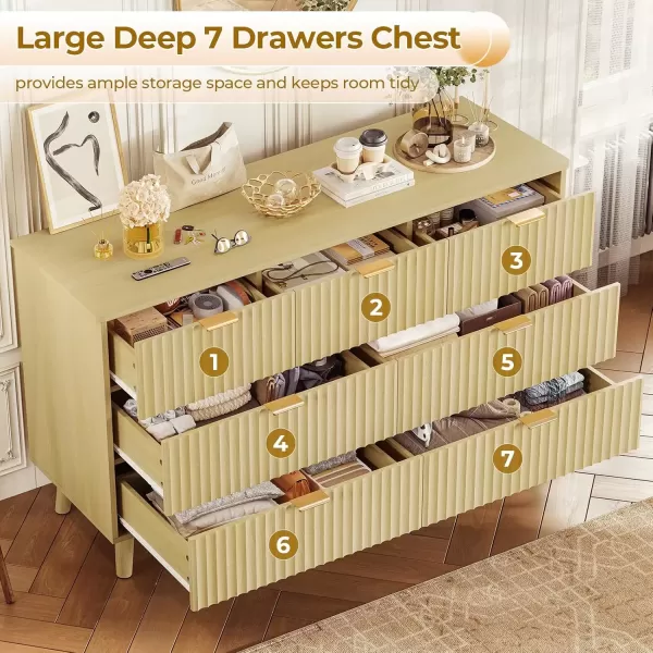 imageVIAGDO Fluted Dresser for Bedroom with 7 Drawers 472 Wide Mid Century Modern Fluted Dressers ampamp Chests of Drawers with Gold Metal Handles Natural Oak Organizer Storage Cabinet for Closet EntrywayNatural Oak