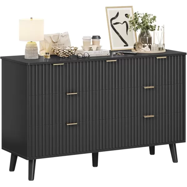 imageVIAGDO Fluted Dresser for Bedroom with 7 Drawers 472 Wide Mid Century Modern Fluted Dressers ampamp Chests of Drawers with Gold Metal Handles Natural Oak Organizer Storage Cabinet for Closet EntrywayBlack