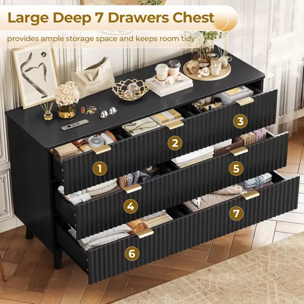 imageVIAGDO Fluted Dresser for Bedroom with 7 Drawers 472 Wide Mid Century Modern Fluted Dressers ampamp Chests of Drawers with Gold Metal Handles Natural Oak Organizer Storage Cabinet for Closet EntrywayBlack