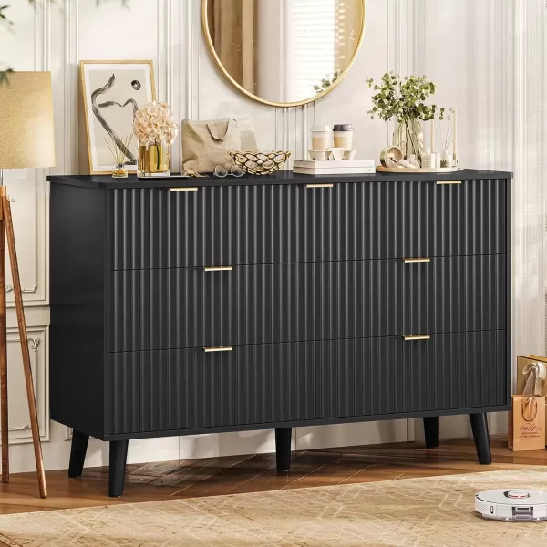 imageVIAGDO Fluted Dresser for Bedroom with 7 Drawers 472 Wide Mid Century Modern Fluted Dressers ampamp Chests of Drawers with Gold Metal Handles Natural Oak Organizer Storage Cabinet for Closet EntrywayBlack