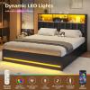 imageVIAGDO Queen Bed Frame with Bookcase Headboard Wooden Bed Frame Queen Size with Charging Station 4 Storage Drawers and LED Lights LED Bed Frame with TypeC and USB No Box Spring Needed BlackBlack