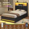 imageVIAGDO Queen Bed Frame with Bookcase Headboard Wooden Bed Frame Queen Size with Charging Station 4 Storage Drawers and LED Lights LED Bed Frame with TypeC and USB No Box Spring Needed BlackBlack