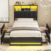 imageVIAGDO Queen Bed Frame with Bookcase Headboard Wooden Bed Frame Queen Size with Charging Station 4 Storage Drawers and LED Lights LED Bed Frame with TypeC and USB No Box Spring Needed BlackBlack