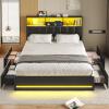 imageVIAGDO Queen Bed Frame with Bookcase Headboard Wooden Bed Frame Queen Size with Charging Station 4 Storage Drawers and LED Lights LED Bed Frame with TypeC and USB No Box Spring Needed BlackBlack