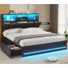 imageVIAGDO Queen Bed Frame with Bookcase Headboard Wooden Bed Frame Queen Size with Charging Station 4 Storage Drawers and LED Lights LED Bed Frame with TypeC and USB No Box Spring Needed BlackBlack