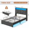 imageVIAGDO White Twin Bed Frames with LED Lights Upholstered Platform Bed Frame Twin Size with Storage Headboard and Charging Station LED Twin Bed Frame No Box Spring NeededDark Grey