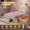 imageVIAGDO White Twin Bed Frames with LED Lights Upholstered Platform Bed Frame Twin Size with Storage Headboard and Charging Station LED Twin Bed Frame No Box Spring NeededCream White