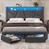 imageVIAGDO White Twin Bed Frames with LED Lights Upholstered Platform Bed Frame Twin Size with Storage Headboard and Charging Station LED Twin Bed Frame No Box Spring NeededDark Grey