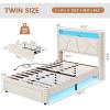 imageVIAGDO White Twin Bed Frames with LED Lights Upholstered Platform Bed Frame Twin Size with Storage Headboard and Charging Station LED Twin Bed Frame No Box Spring NeededCream White