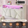 imageVIAGDO White Twin Bed Frames with LED Lights Upholstered Platform Bed Frame Twin Size with Storage Headboard and Charging Station LED Twin Bed Frame No Box Spring NeededCream White