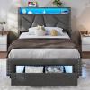 imageVIAGDO White Twin Bed Frames with LED Lights Upholstered Platform Bed Frame Twin Size with Storage Headboard and Charging Station LED Twin Bed Frame No Box Spring NeededDark Grey