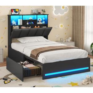 imageVIAGDO Queen Bed Frame with Bookcase Headboard Wooden Bed Frame Queen Size with Charging Station 4 Storage Drawers and LED Lights LED Bed Frame with TypeC and USB No Box Spring Needed BlackBlack