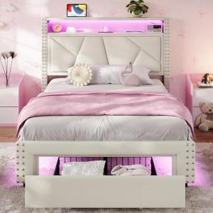 imageVIAGDO White Twin Bed Frames with LED Lights Upholstered Platform Bed Frame Twin Size with Storage Headboard and Charging Station LED Twin Bed Frame No Box Spring NeededCream White