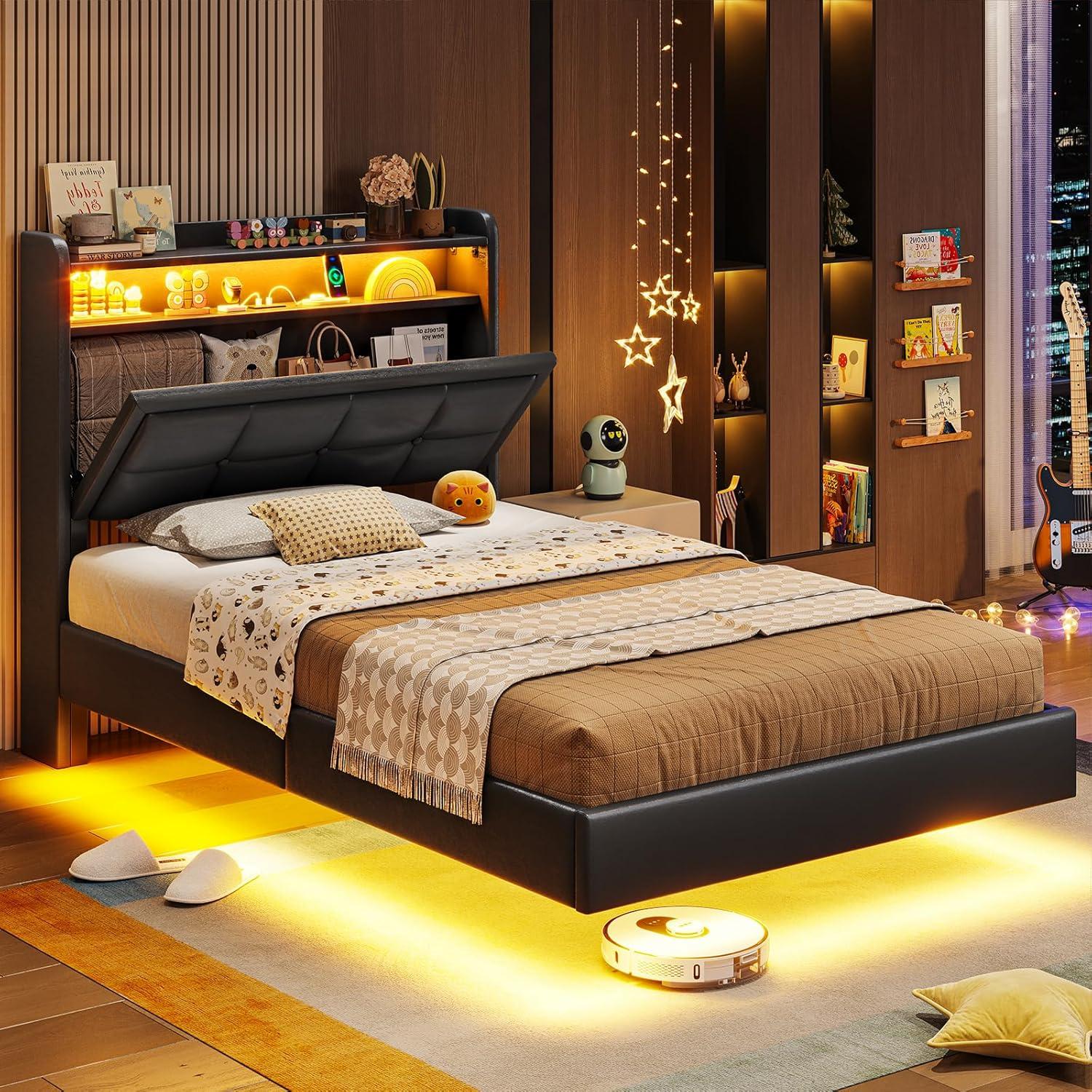 imageVIAGDO Floating Bed Frame Twin Size with Storage Headboard Type C and 3 USB Charging Station Upholstered Bed Frame with Led Lights Visual Floating Hidden Storage No Box Spring Needed BlackBlack