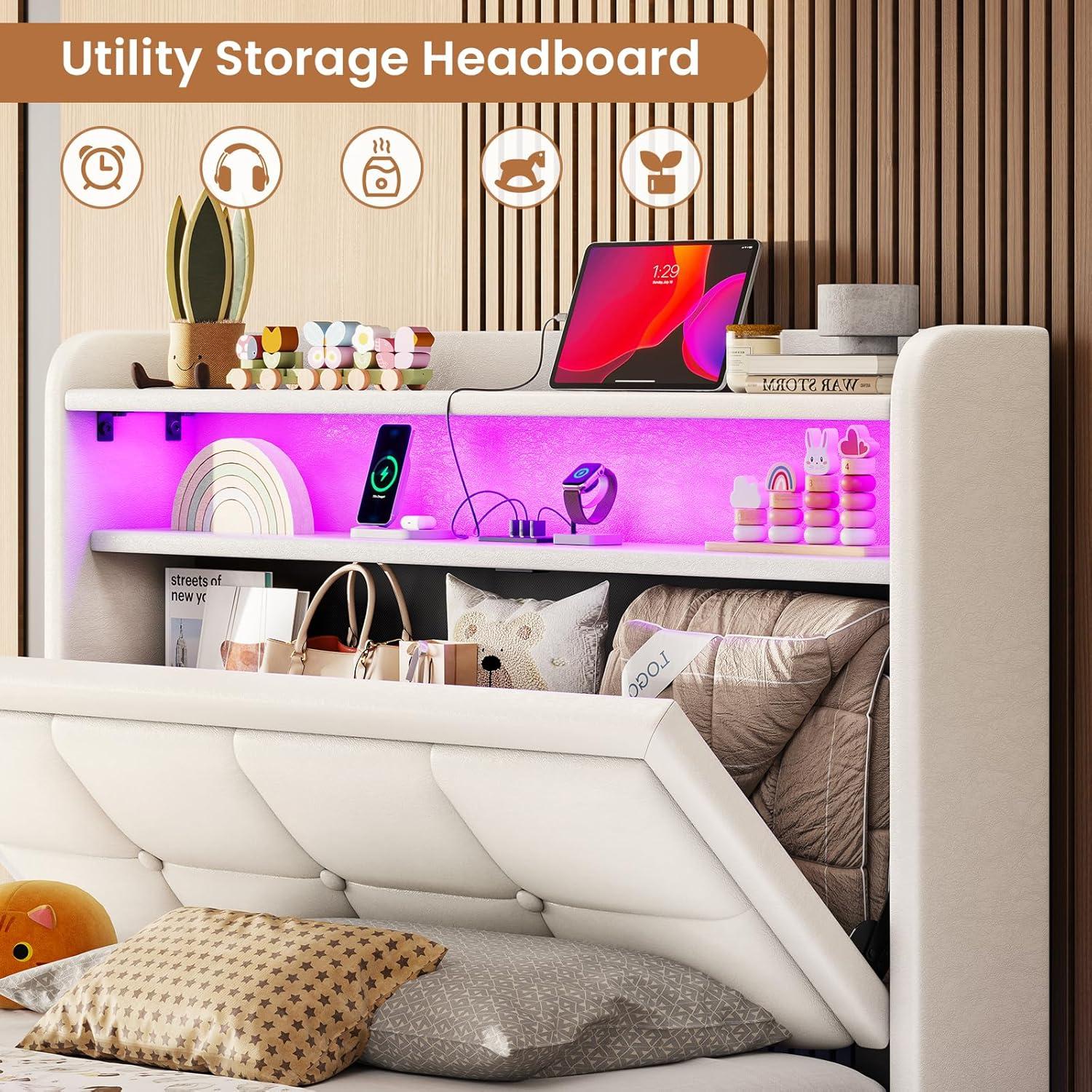 imageVIAGDO Floating Bed Frame Twin Size with Storage Headboard Type C and 3 USB Charging Station Upholstered Bed Frame with Led Lights Visual Floating Hidden Storage No Box Spring Needed BlackWhite