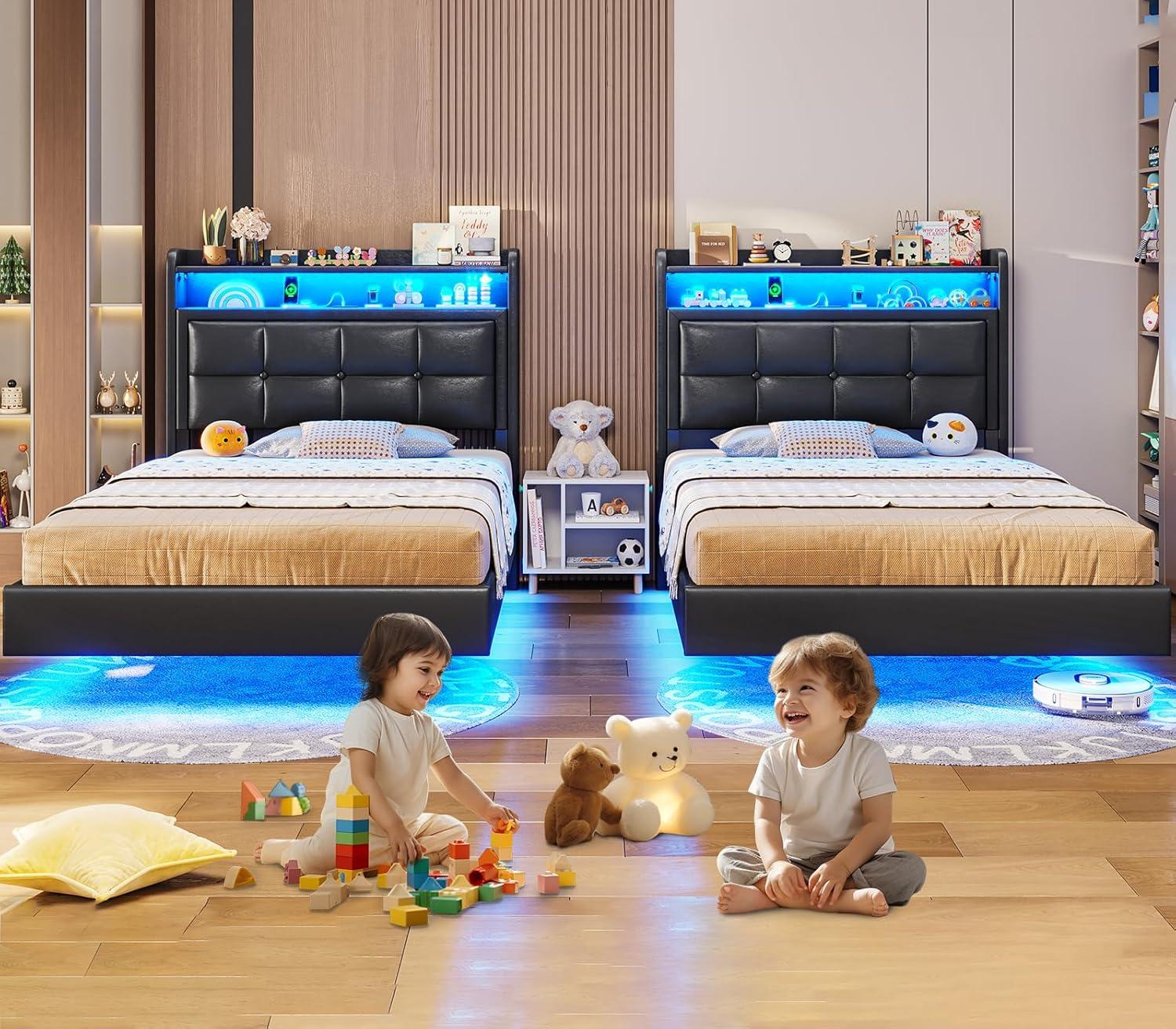 imageVIAGDO Floating Bed Frame Twin Size with Storage Headboard Type C and 3 USB Charging Station Upholstered Bed Frame with Led Lights Visual Floating Hidden Storage No Box Spring Needed BlackBlack