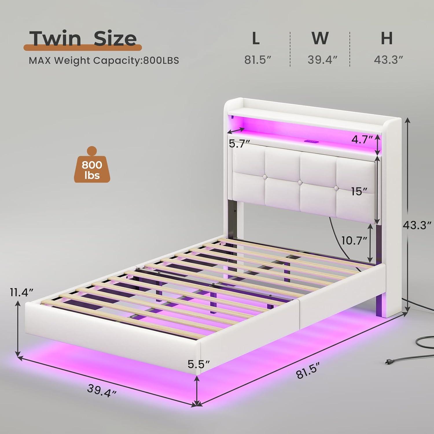 imageVIAGDO Floating Bed Frame Twin Size with Storage Headboard Type C and 3 USB Charging Station Upholstered Bed Frame with Led Lights Visual Floating Hidden Storage No Box Spring Needed BlackWhite