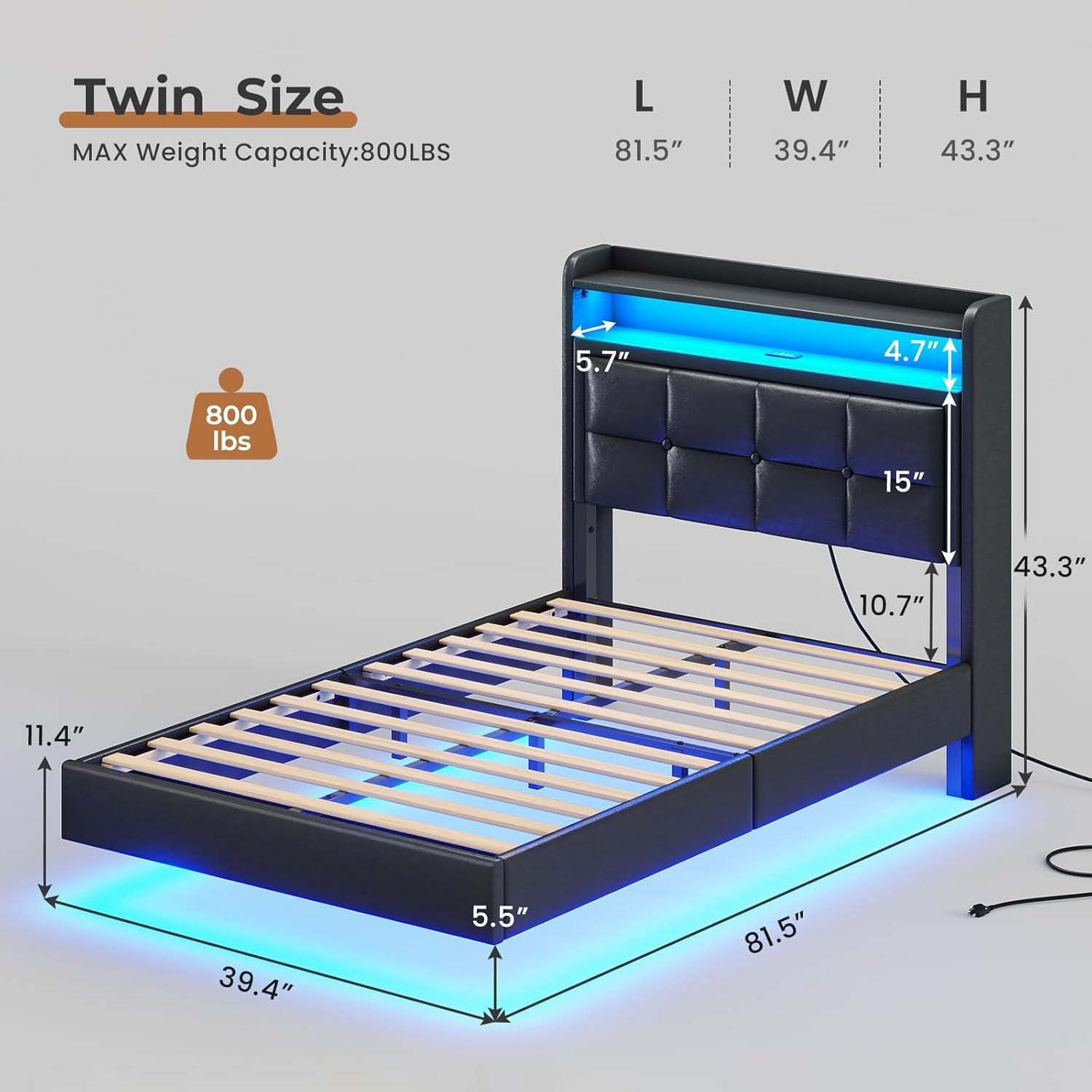 imageVIAGDO Floating Bed Frame Twin Size with Storage Headboard Type C and 3 USB Charging Station Upholstered Bed Frame with Led Lights Visual Floating Hidden Storage No Box Spring Needed BlackBlack