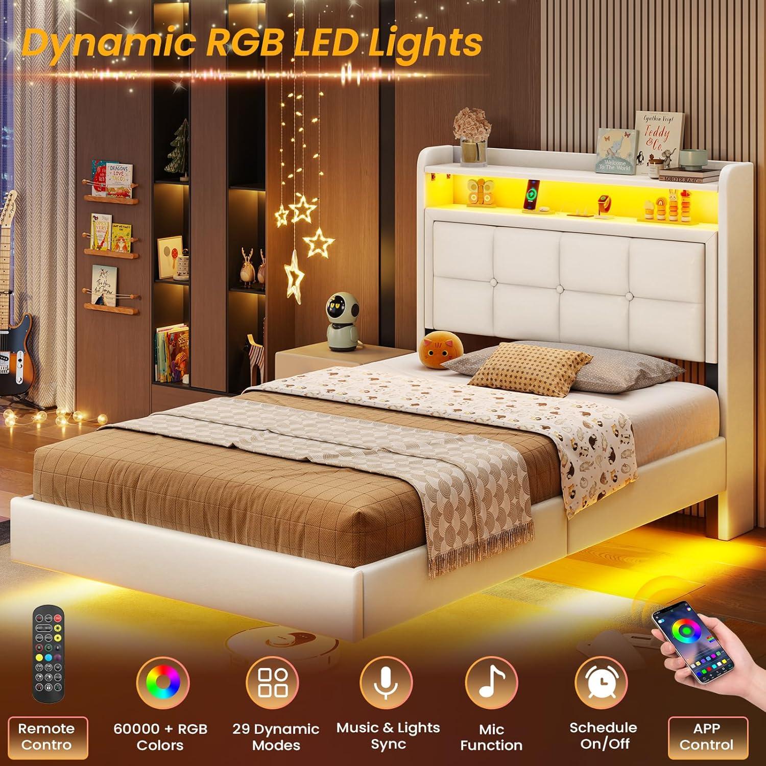 imageVIAGDO Floating Bed Frame Twin Size with Storage Headboard Type C and 3 USB Charging Station Upholstered Bed Frame with Led Lights Visual Floating Hidden Storage No Box Spring Needed BlackWhite