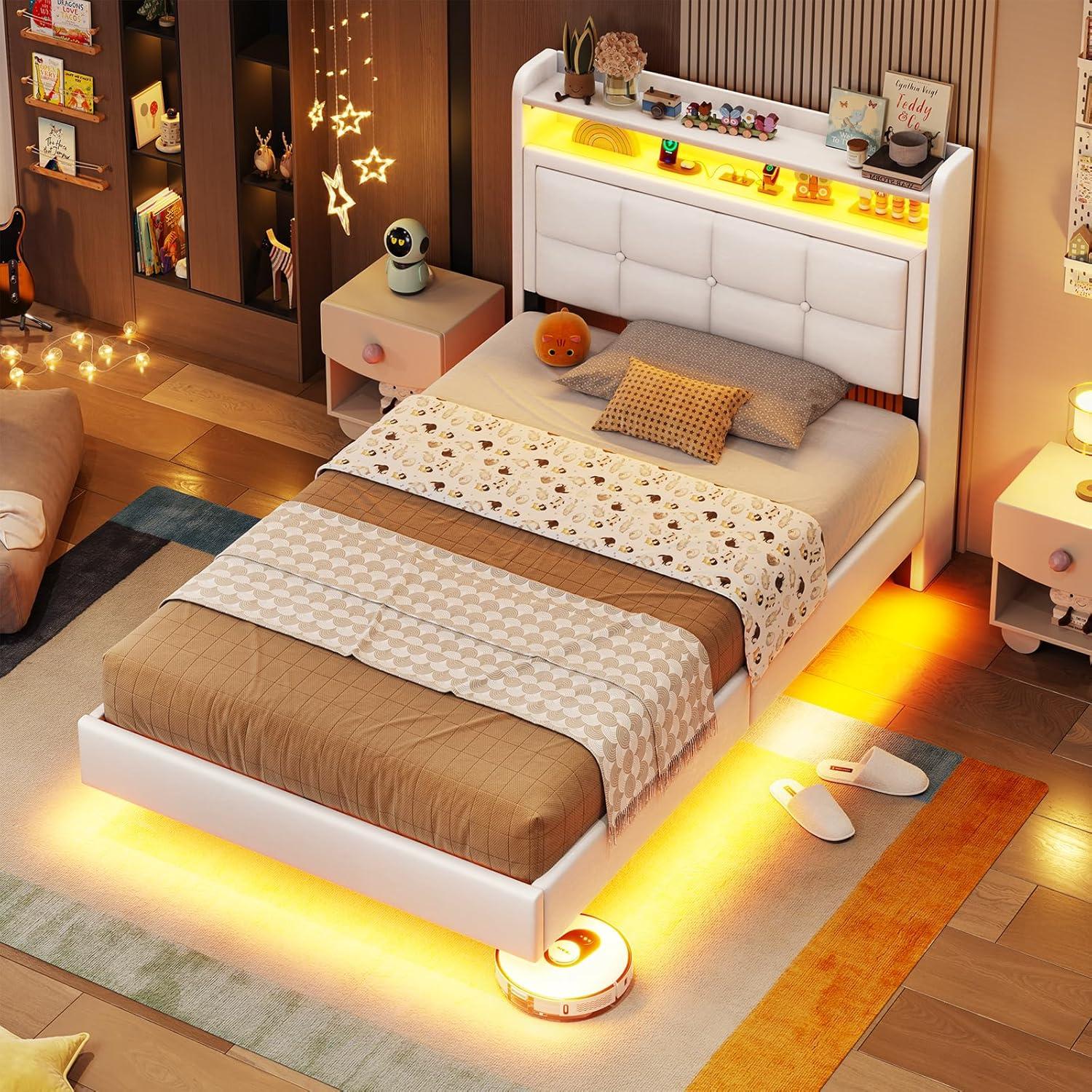 imageVIAGDO Floating Bed Frame Twin Size with Storage Headboard Type C and 3 USB Charging Station Upholstered Bed Frame with Led Lights Visual Floating Hidden Storage No Box Spring Needed BlackWhite