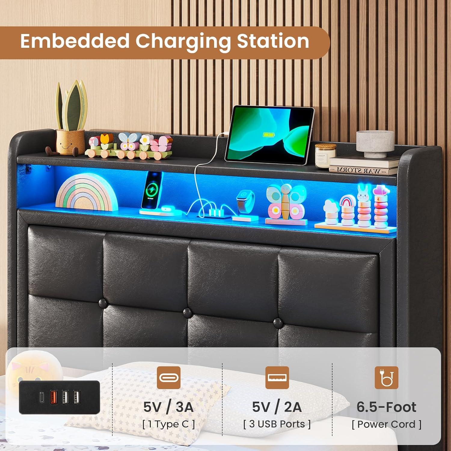 imageVIAGDO Floating Bed Frame Twin Size with Storage Headboard Type C and 3 USB Charging Station Upholstered Bed Frame with Led Lights Visual Floating Hidden Storage No Box Spring Needed BlackBlack