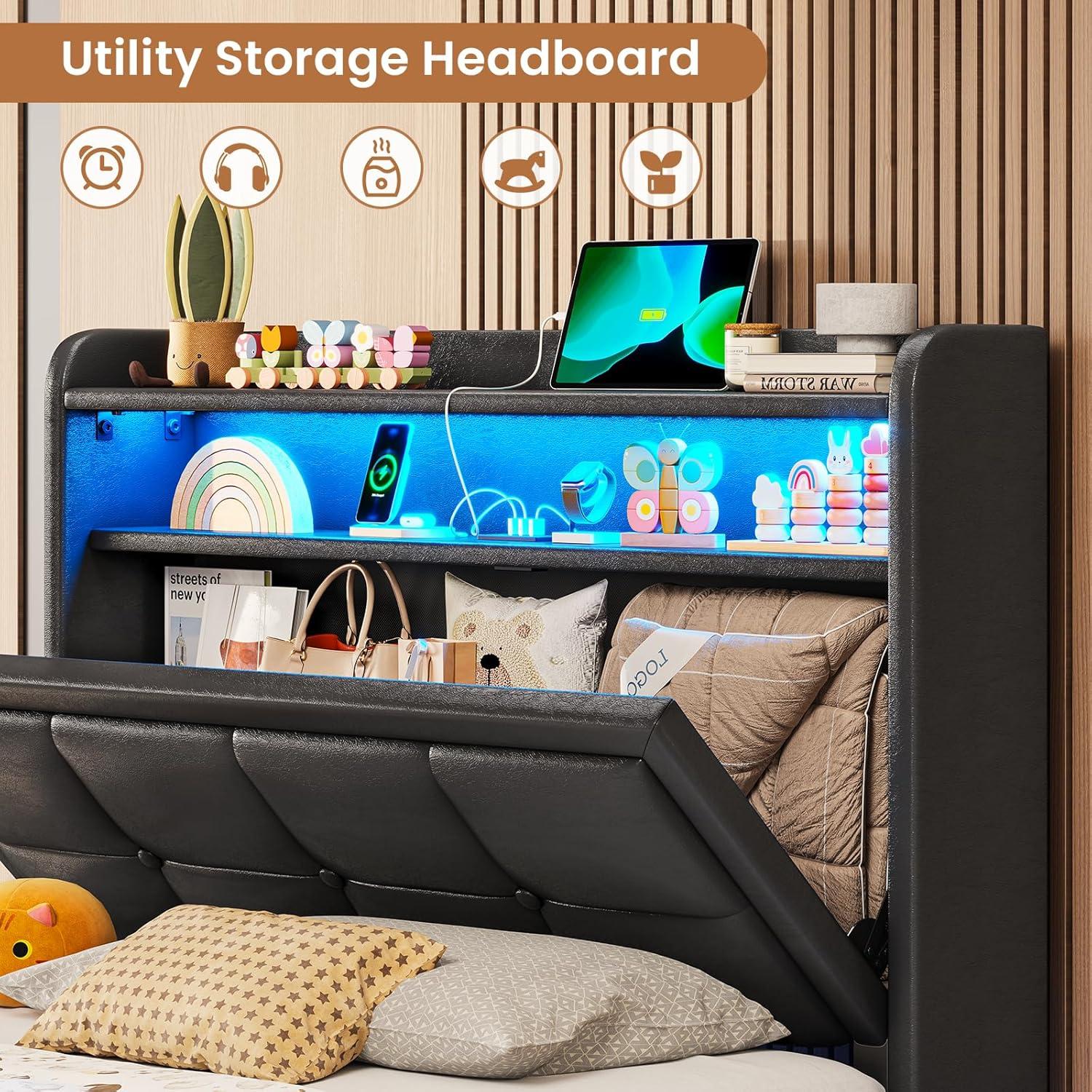 imageVIAGDO Floating Bed Frame Twin Size with Storage Headboard Type C and 3 USB Charging Station Upholstered Bed Frame with Led Lights Visual Floating Hidden Storage No Box Spring Needed BlackBlack