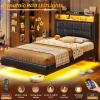imageVIAGDO Floating Bed Frame Twin Size with Storage Headboard Type C and 3 USB Charging Station Upholstered Bed Frame with Led Lights Visual Floating Hidden Storage No Box Spring Needed BlackBlack
