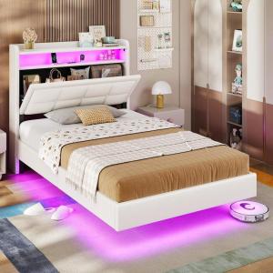 imageVIAGDO Floating Bed Frame Twin Size with Storage Headboard Type C and 3 USB Charging Station Upholstered Bed Frame with Led Lights Visual Floating Hidden Storage No Box Spring Needed BlackWhite