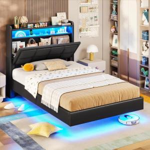 imageVIAGDO Floating Bed Frame Twin Size with Storage Headboard Type C and 3 USB Charging Station Upholstered Bed Frame with Led Lights Visual Floating Hidden Storage No Box Spring Needed BlackBlack